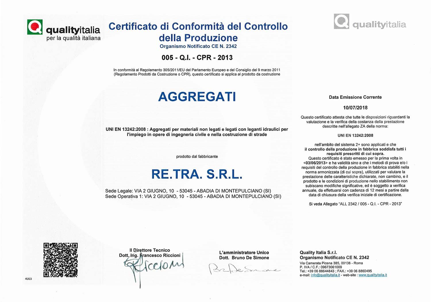 Certificato Quality Italia - Aggregati