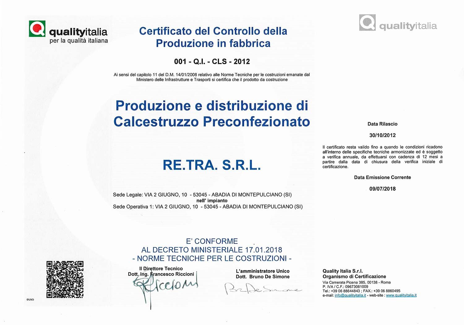 Certificato Quality Italia -  Produzione e distribuzione di calcestruzzo preconfezionato